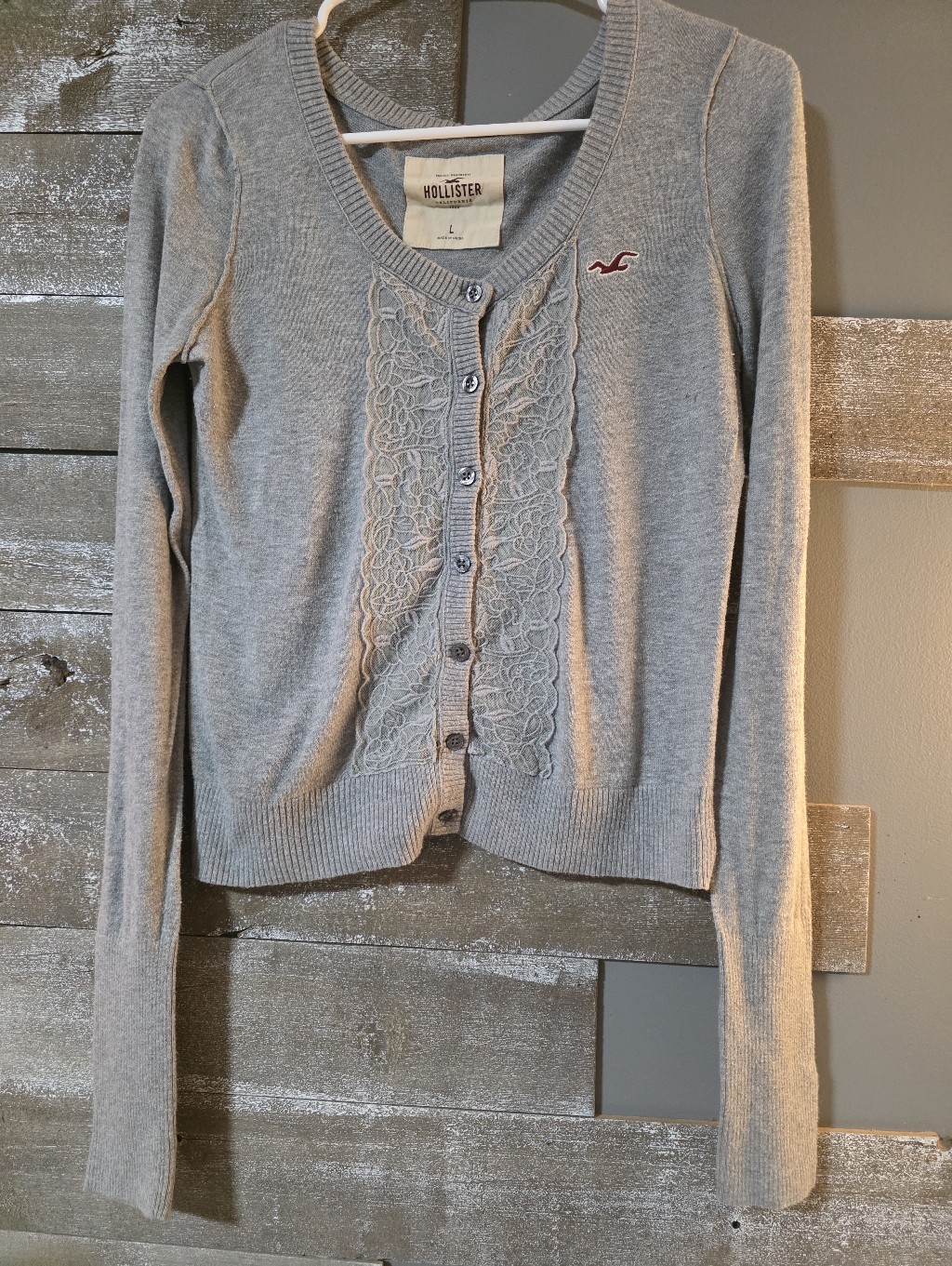 Hollister Light Gray Lace-Trim Button Cardigan Y2k